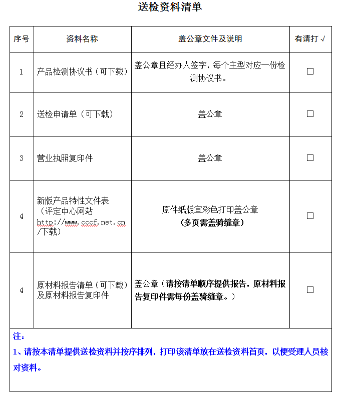 安全腰帶產(chǎn)品認(rèn)證型式試驗業(yè)務(wù)受理送檢資料清單（廣東所）